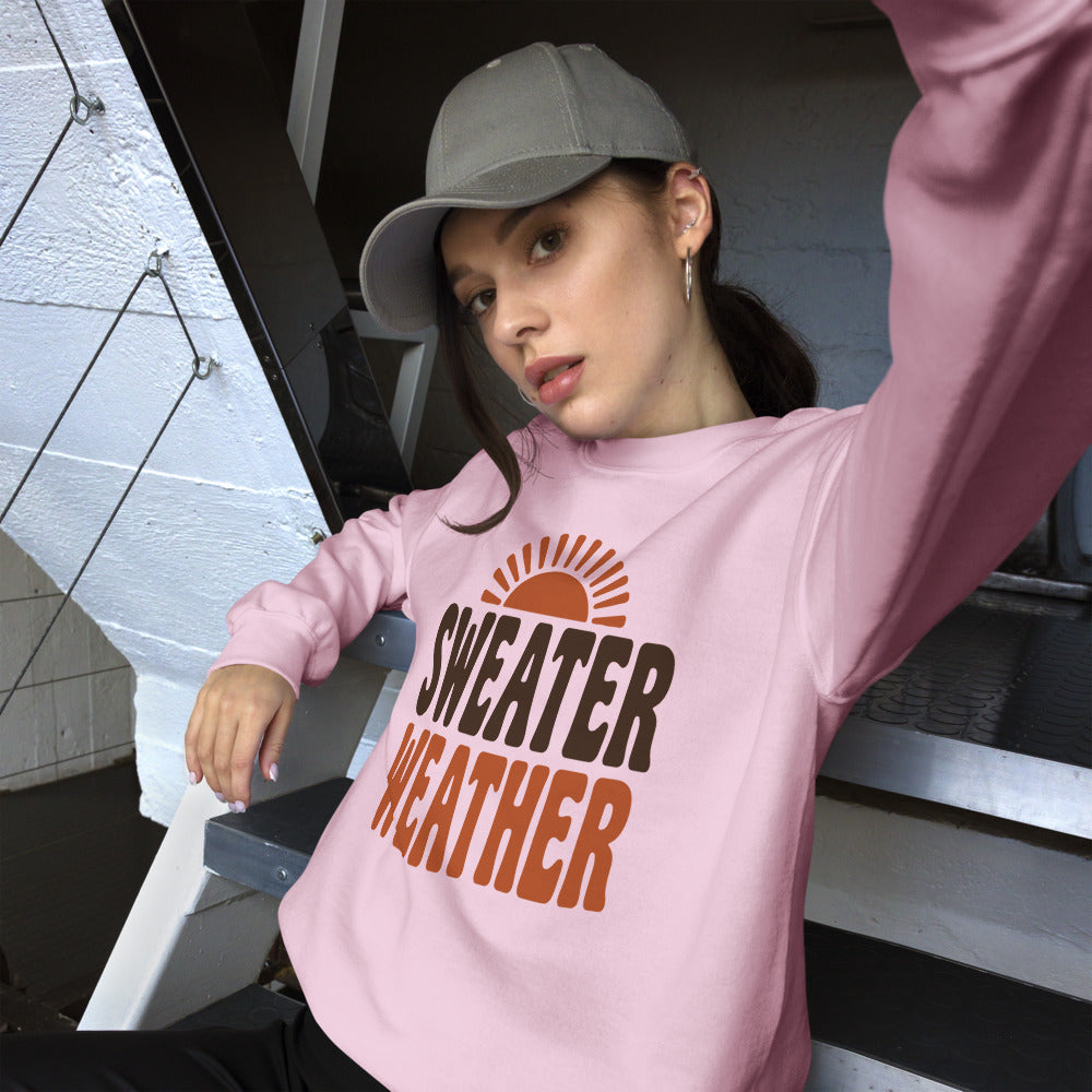 Sweater Weather retro 70s fall crewneck sweatshirt — Light Pink, on model