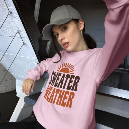 Sweater Weather retro 70s fall crewneck sweatshirt — Light Pink, on model