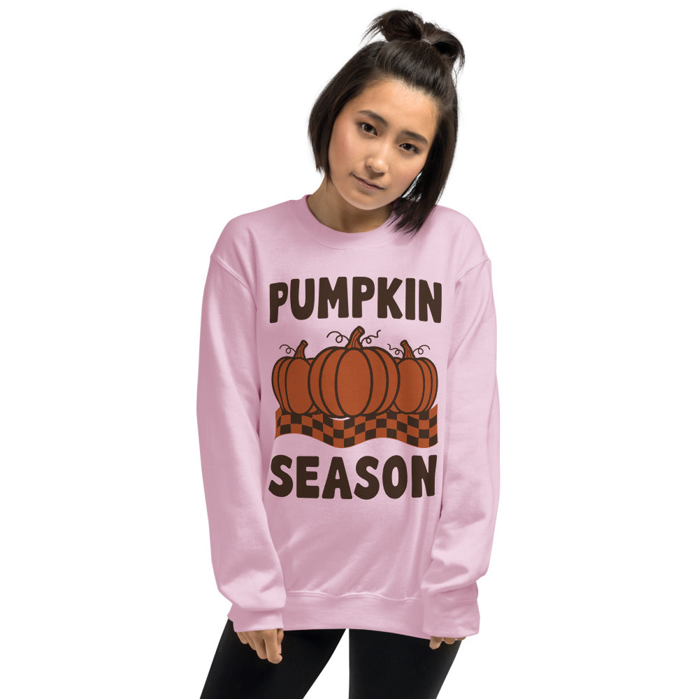 Pumpkin Season retro 70s fall crewneck sweatshirt — Light Pink, on model