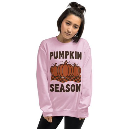 Pumpkin Season retro 70s fall crewneck sweatshirt — Light Pink, on model