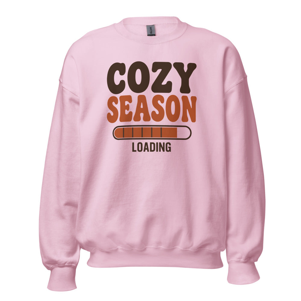 Cozy Season Loading retro 70s fall crewneck sweatshirt — Light Pink, front