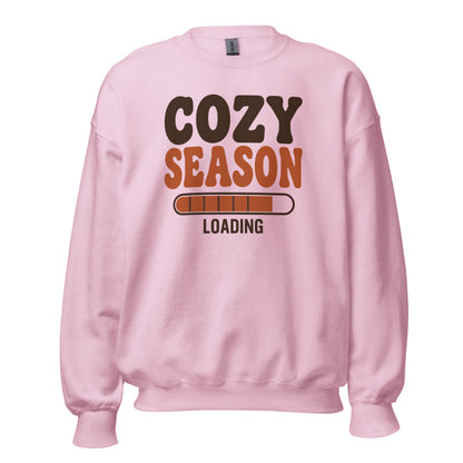 Cozy Season Loading retro 70s fall crewneck sweatshirt — Light Pink, front