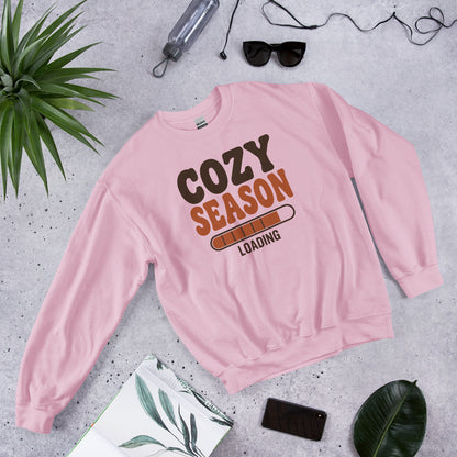 Cozy Season Loading retro 70s fall crewneck sweatshirt — Light Pink, front-right