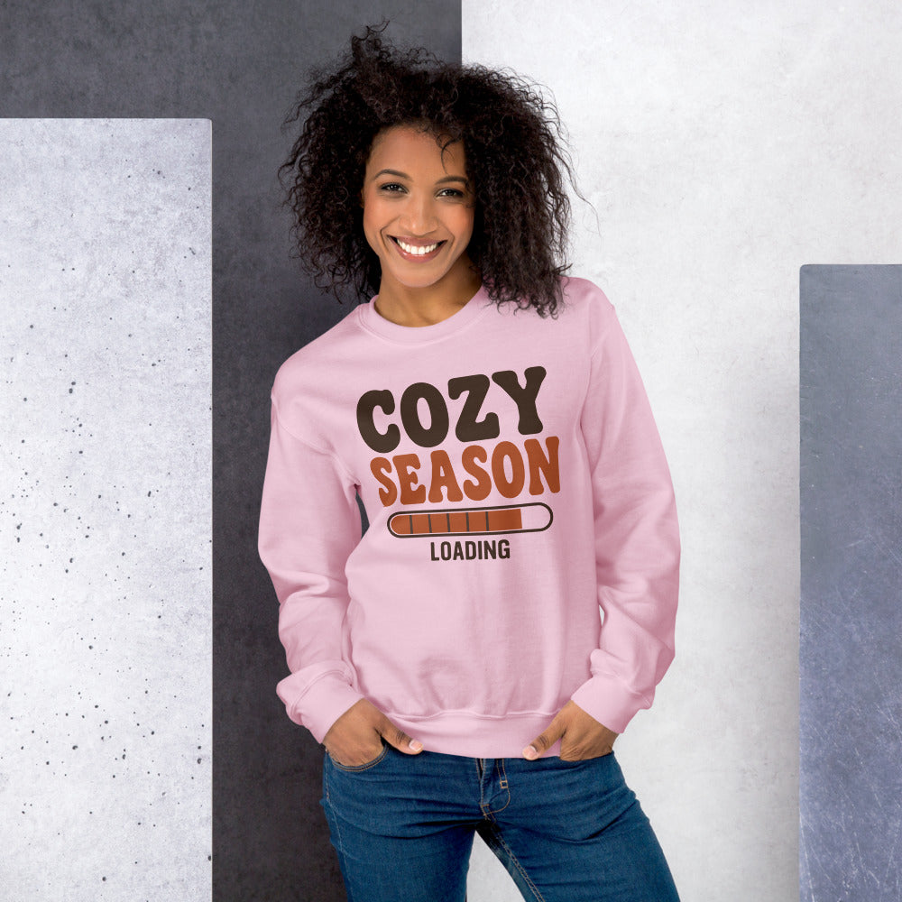 Cozy Season Loading retro 70s fall crewneck sweatshirt — Light Pink, on model