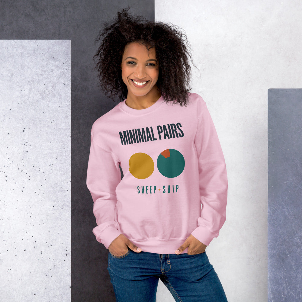 Minimal Pairs speech therapy crewneck sweatshirt — Light Pink, on model