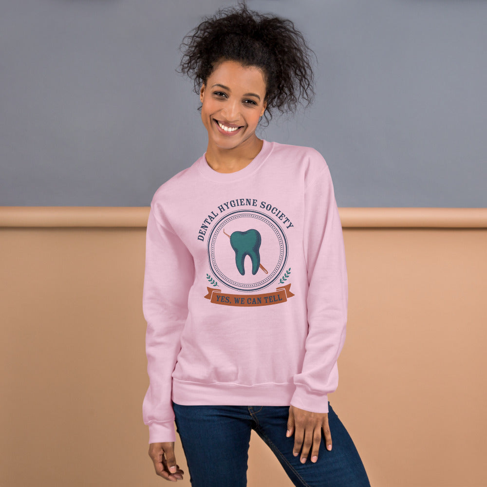 Dental Hygiene Society dental hygienist crewneck sweatshirt — Light Pink, on model