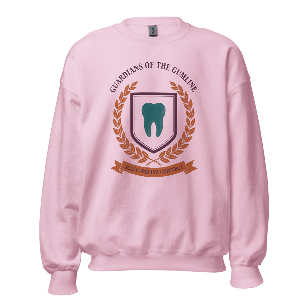 Guardians of the Gumline dental hygienist crewneck sweatshirt — Light Pink, front