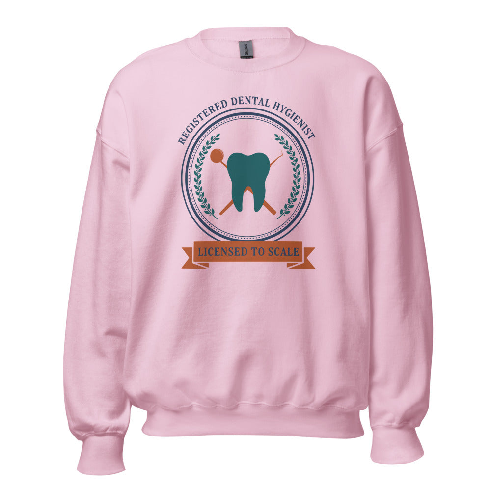 Licensed to Scale registered dental hygienist crewneck sweatshirt — Light Pink, front