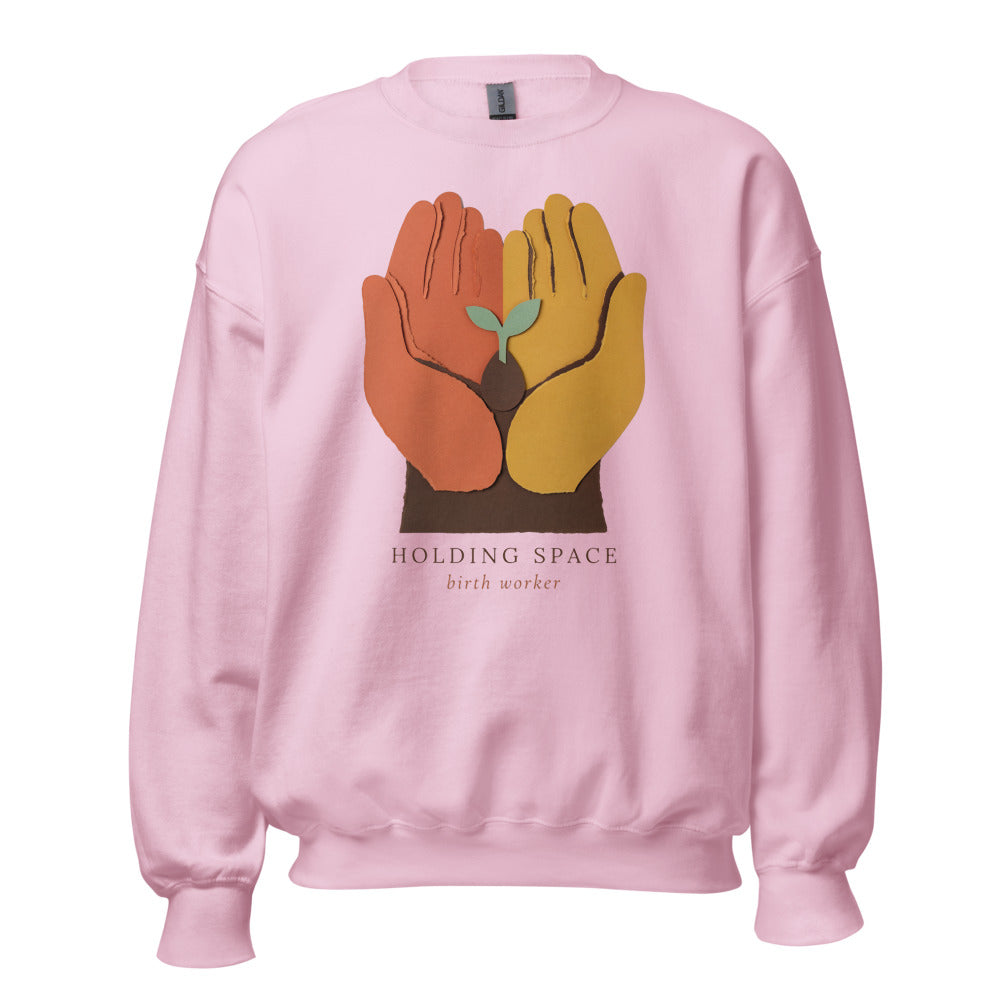 Holding Space birth worker crewneck sweatshirt — Light Pink, front