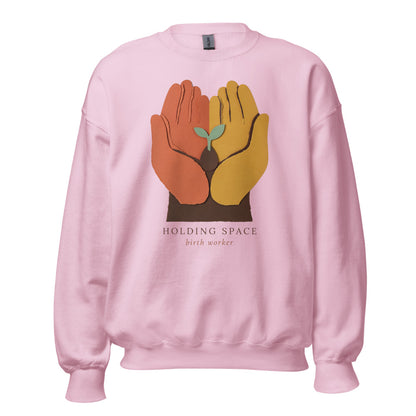 Holding Space birth worker crewneck sweatshirt — Light Pink, front