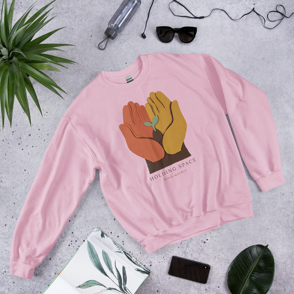 Holding Space birth worker crewneck sweatshirt — Light Pink, front-right