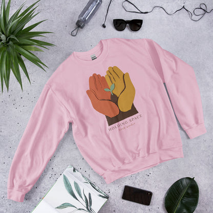 Holding Space birth worker crewneck sweatshirt — Light Pink, front-right