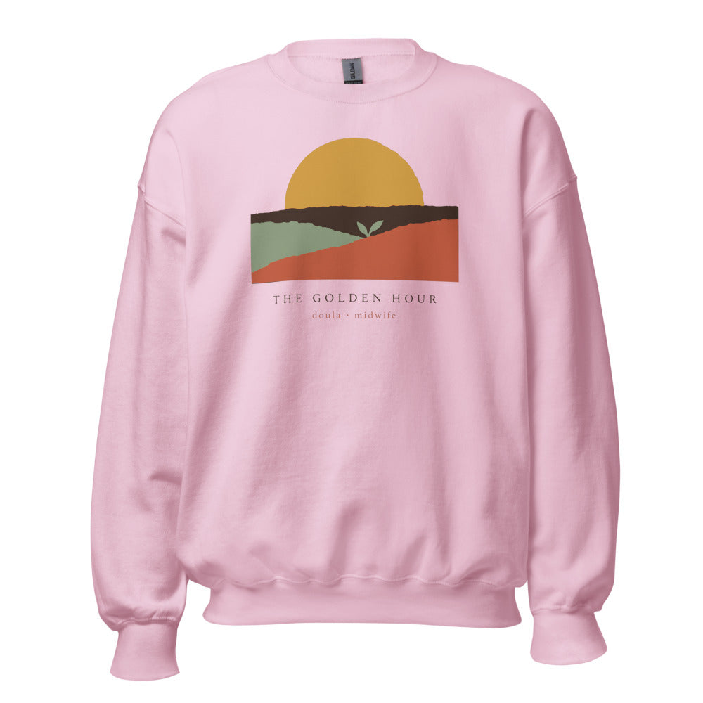 The Golden Hour birth worker crewneck sweatshirt — Light Pink, front