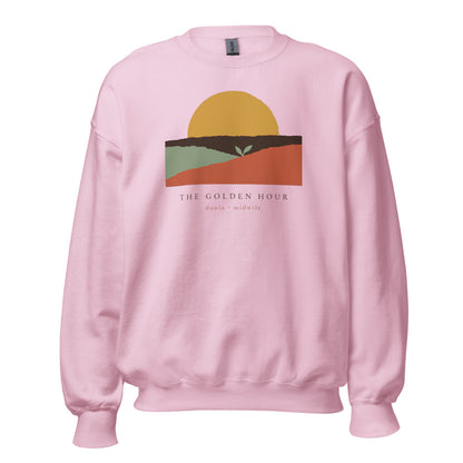 The Golden Hour birth worker crewneck sweatshirt — Light Pink, front