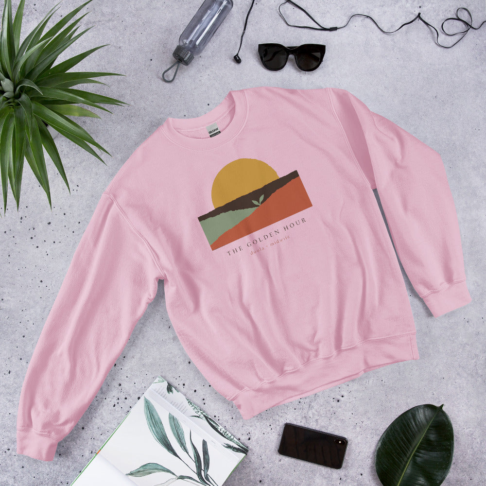 The Golden Hour birth worker crewneck sweatshirt — Light Pink, flat lay