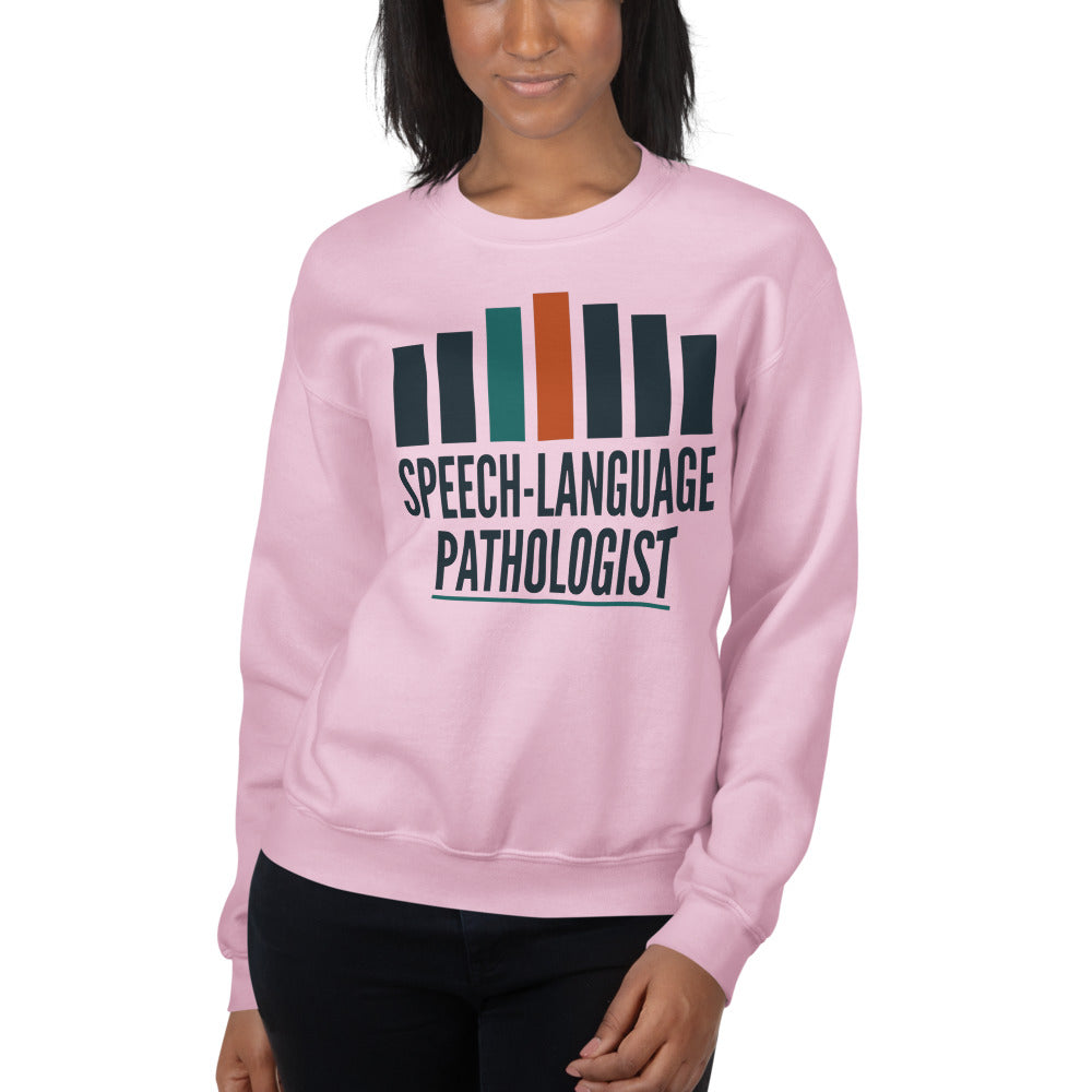 Mid-Century Clinic speech therapy crewneck sweatshirt — Light Pink, on model