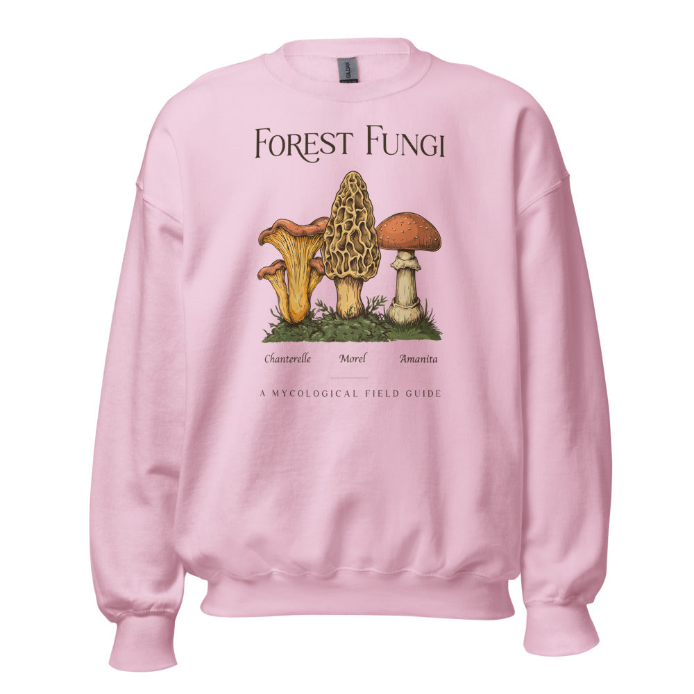 Forest Fungi vintage mushroom field guide crewneck — Light Pink, front