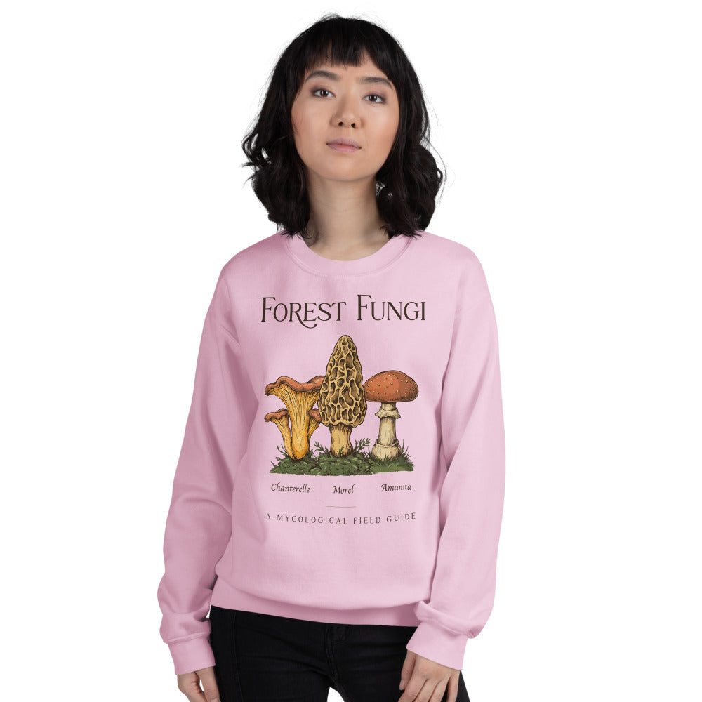 Forest Fungi vintage mushroom field guide crewneck — Light Pink, on model