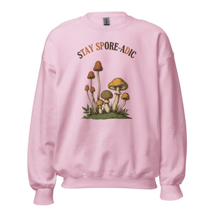 Stay Spore-adic funny vintage mushroom crewneck — Light Pink, front
