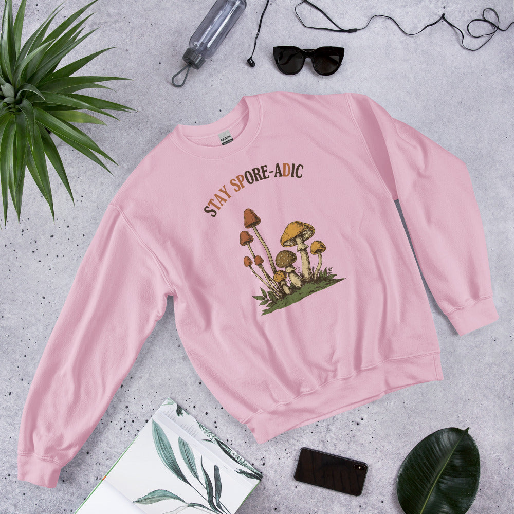 Stay Spore-adic funny vintage mushroom crewneck — Light Pink, flat lay
