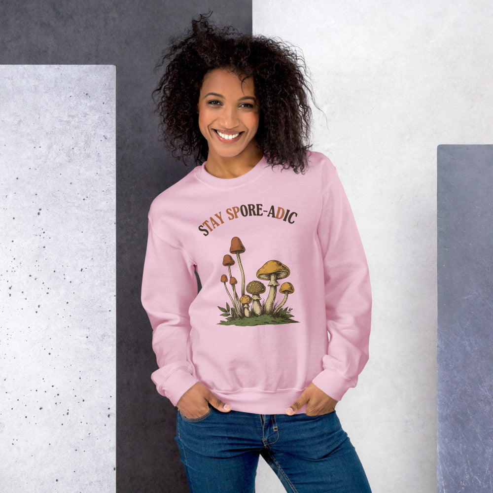 Stay Spore-adic funny vintage mushroom crewneck — Light Pink, on model