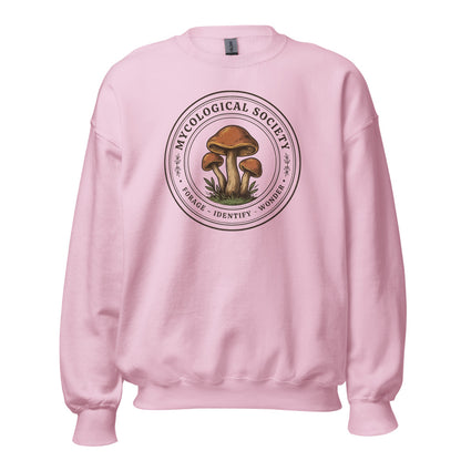 Mushroom Foraging Mycological Society vintage botanical crewneck — Light Pink, front