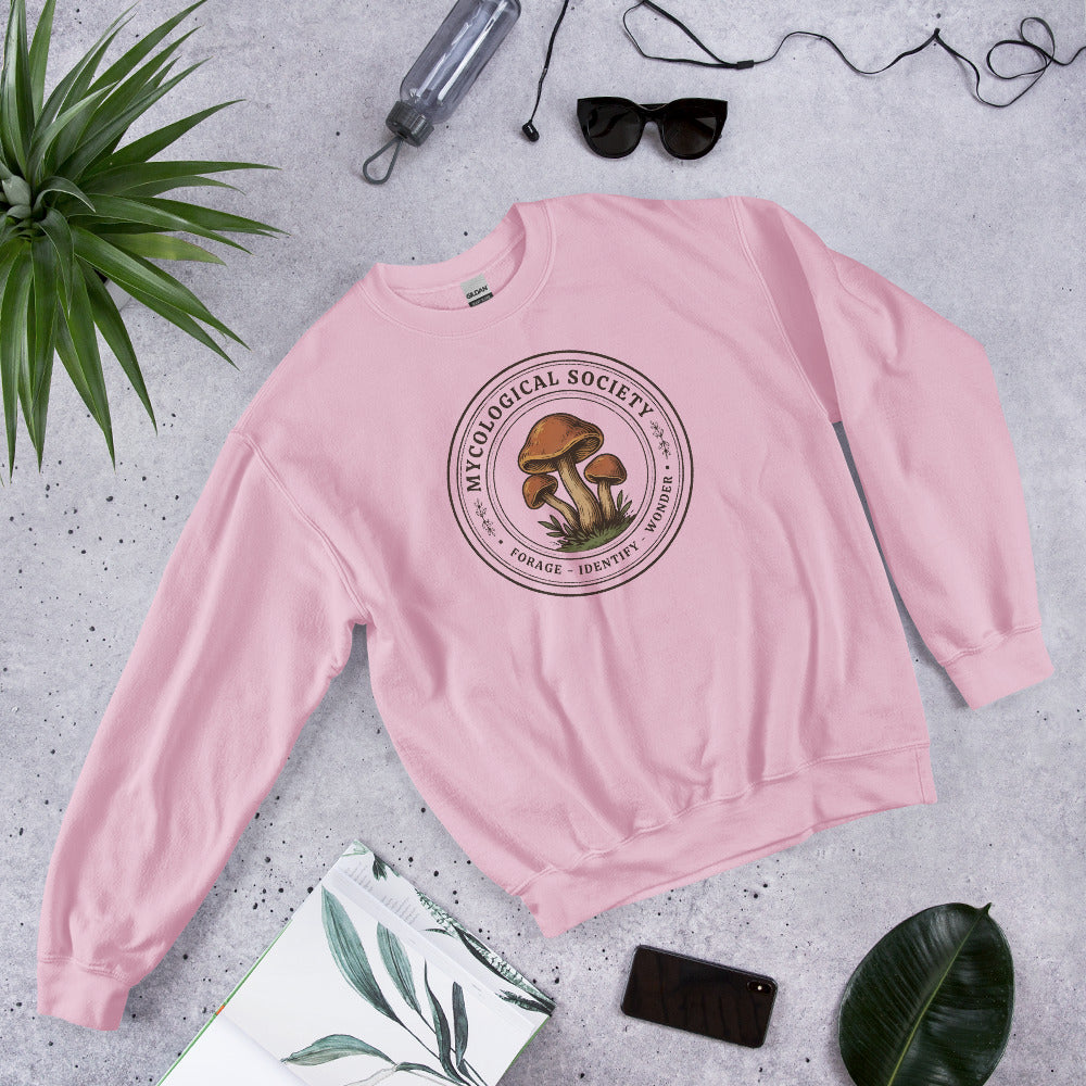 Mushroom Foraging Mycological Society vintage botanical crewneck — Light Pink, flat lay
