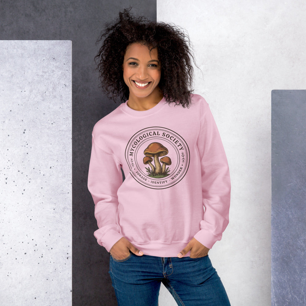 Mushroom Foraging Mycological Society vintage botanical crewneck — Light Pink, on model