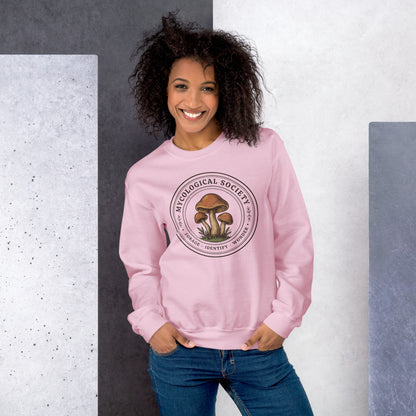 Mushroom Foraging Mycological Society vintage botanical crewneck — Light Pink, on model