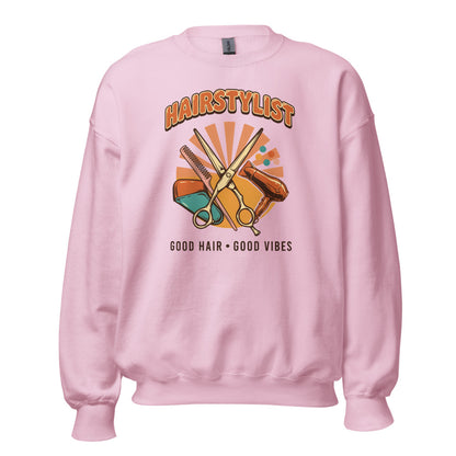 Retro Salon Hairstylist good hair good vibes crewneck — Light Pink, front
