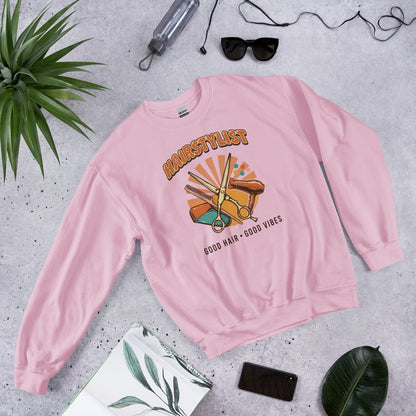 Retro Salon Hairstylist good hair good vibes crewneck — Light Pink, flat lay