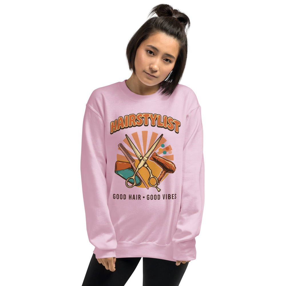 Retro Salon Hairstylist good hair good vibes crewneck — Light Pink, on model