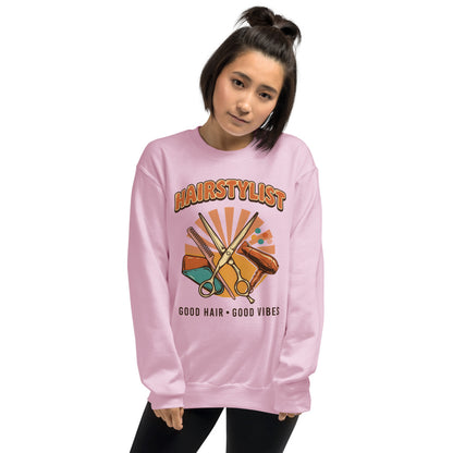 Retro Salon Hairstylist good hair good vibes crewneck — Light Pink, on model
