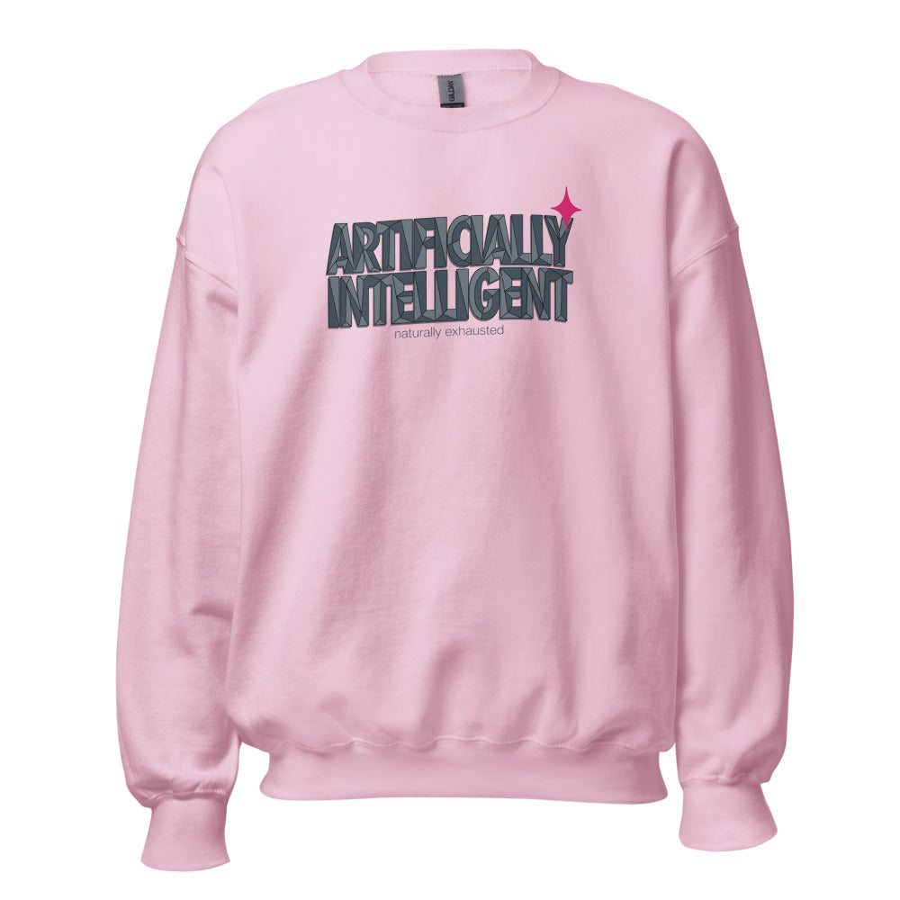 Artificially Intelligent funny AI crewneck sweatshirt — Light Pink, front