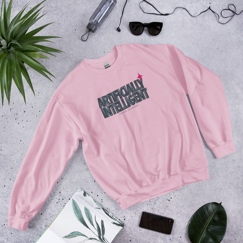 Artificially Intelligent funny AI crewneck sweatshirt — Light Pink, flat lay