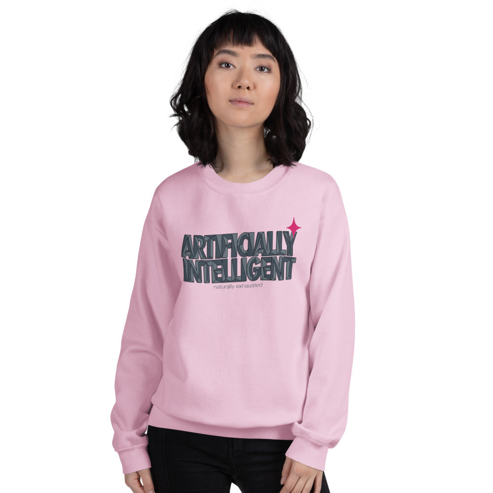 Artificially Intelligent funny AI crewneck sweatshirt — Light Pink, on model