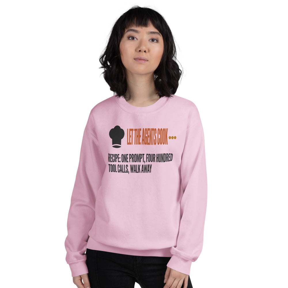 Let The Agents Cook crewneck sweatshirt — Light Pink, on model
