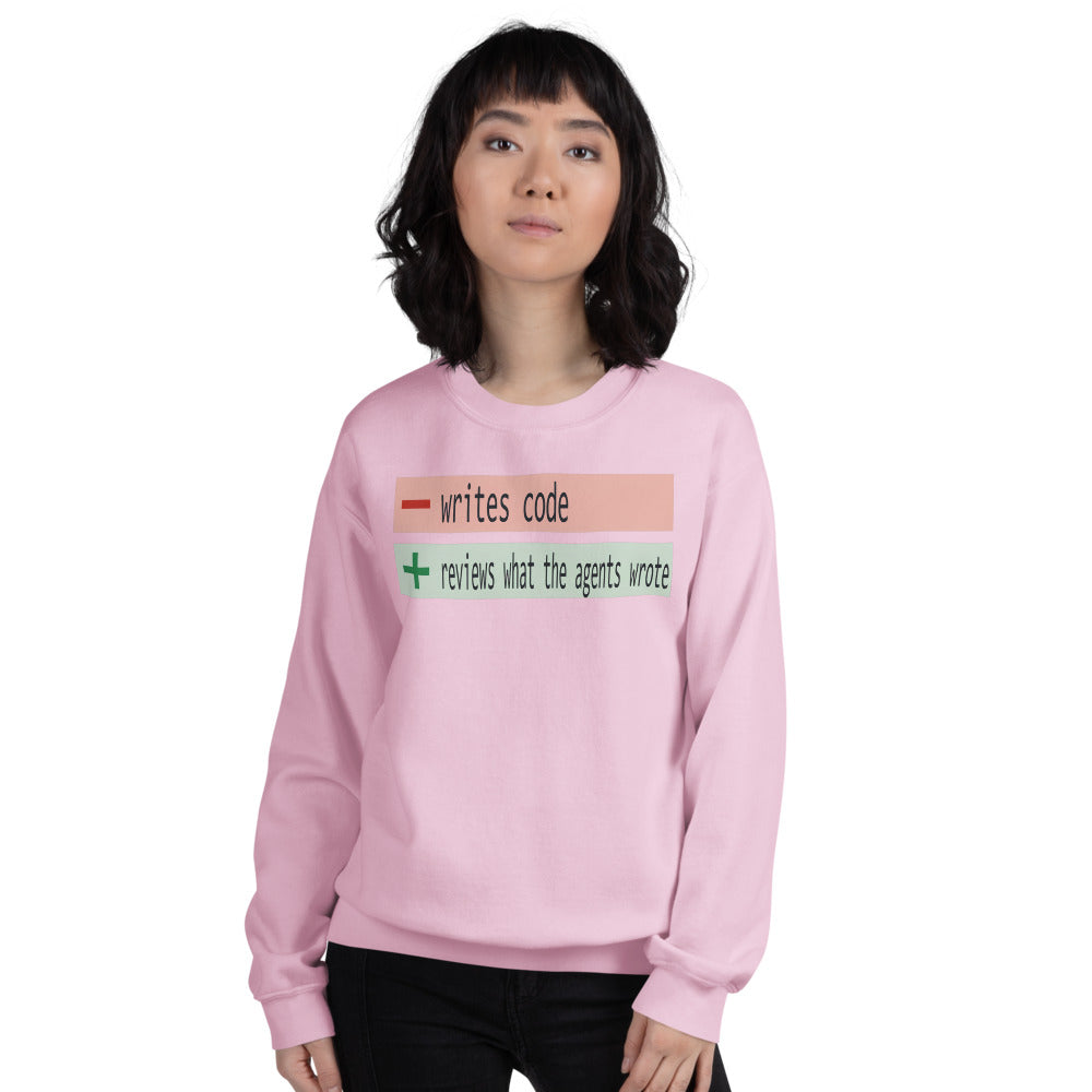 The Diff agentic AI engineer crewneck sweatshirt — Light Pink, on model
