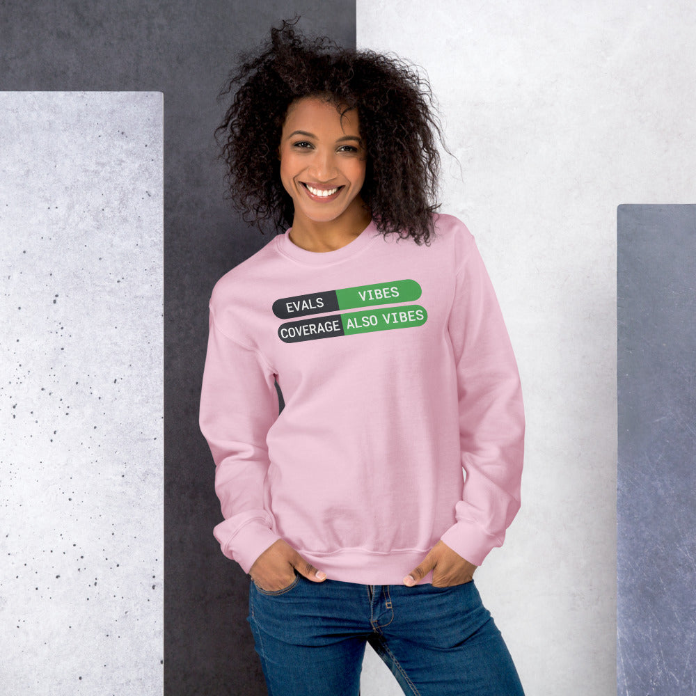 Eval Suite Vibes agentic AI engineer crewneck sweatshirt — Light Pink, on model