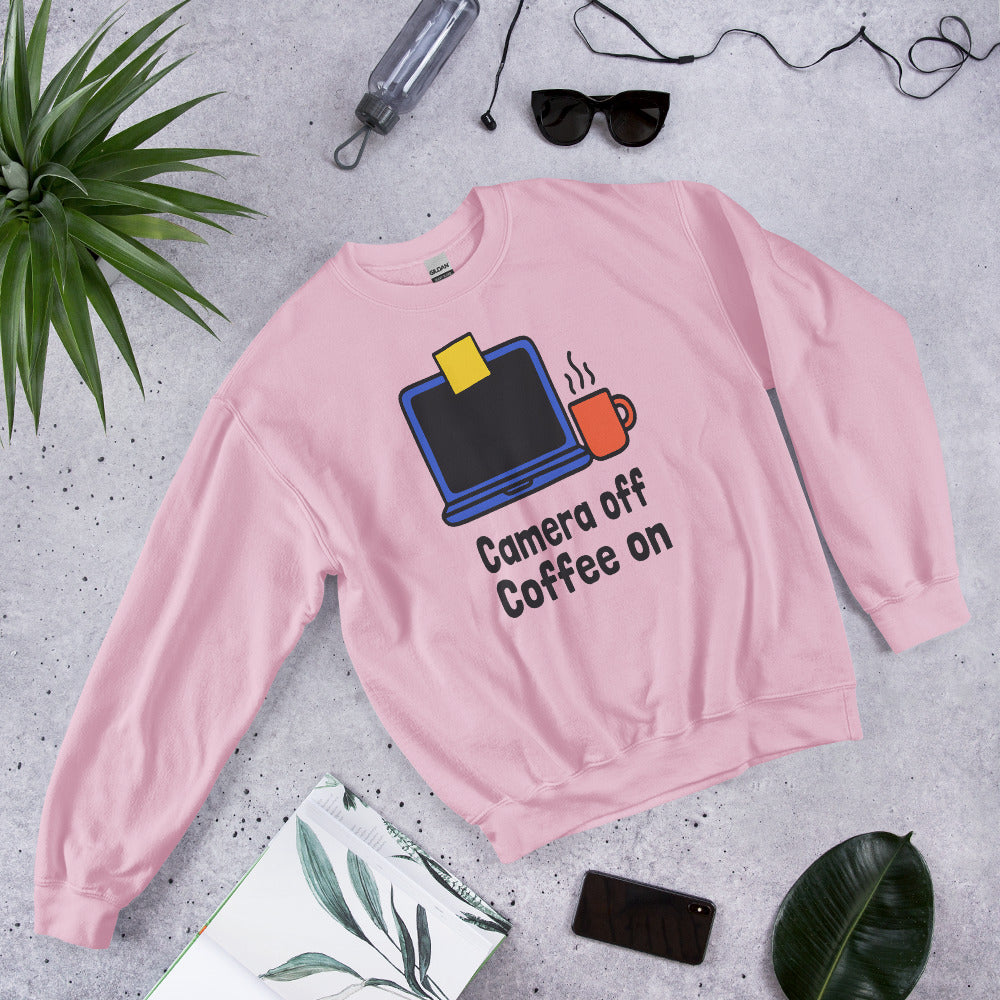Camera Off Coffee On funny work from home crewneck sweatshirt — Light Pink, flat lay