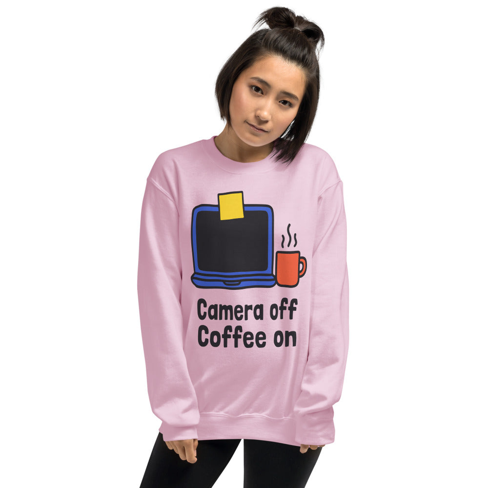 Camera Off Coffee On funny work from home crewneck sweatshirt — Light Pink, on model