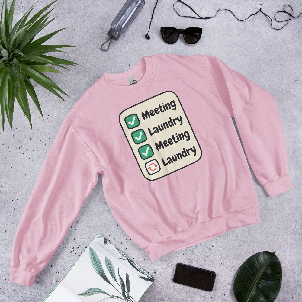 Meeting Laundry funny work from home crewneck sweatshirt — Light Pink, flat lay