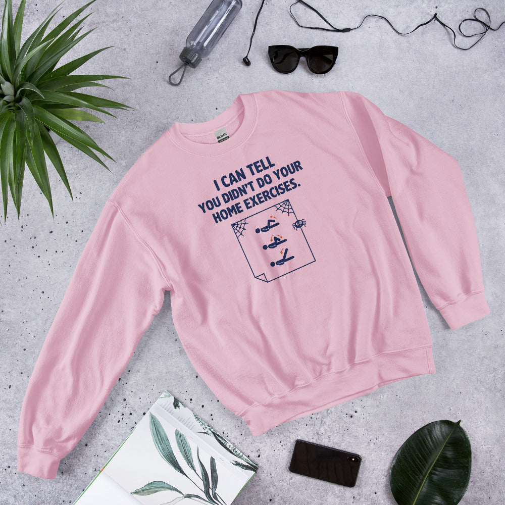Home Exercises funny physical therapy crewneck sweatshirt — Light Pink, flat lay