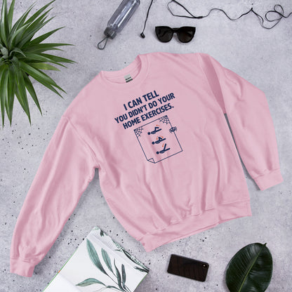 Home Exercises funny physical therapy crewneck sweatshirt — Light Pink, flat lay