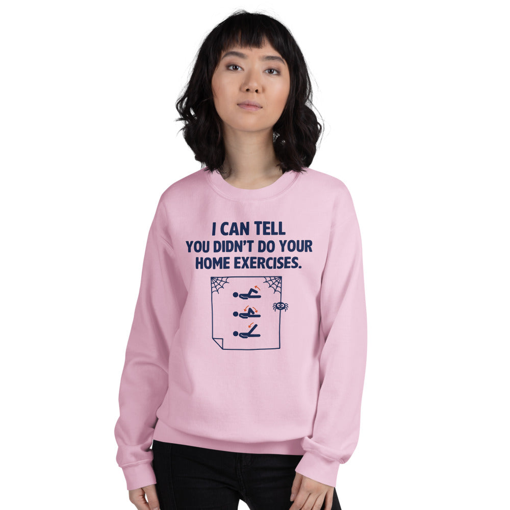 Home Exercises funny physical therapy crewneck sweatshirt — Light Pink, on model