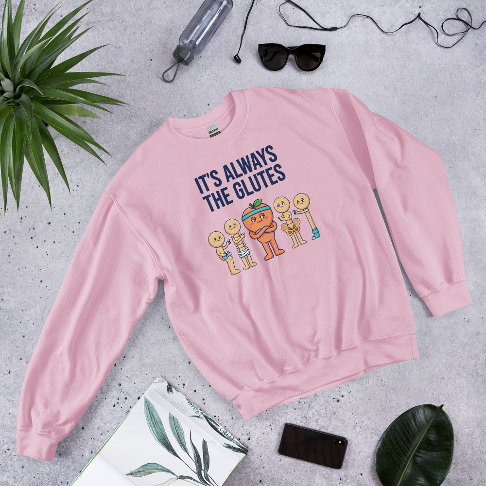Always The Glutes funny physical therapy crewneck sweatshirt — Light Pink, flat lay