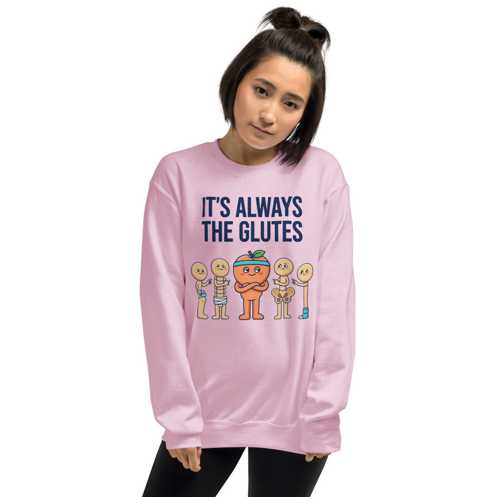 Always The Glutes funny physical therapy crewneck sweatshirt — Light Pink, on model