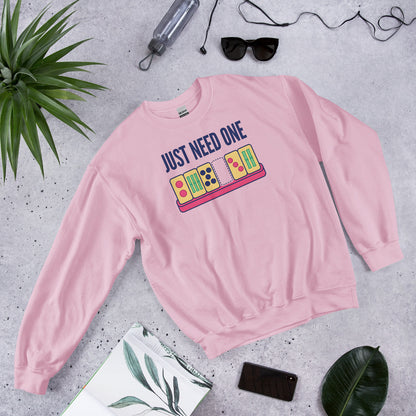 Just Need One funny mahjong crewneck sweatshirt — Light Pink, flat lay