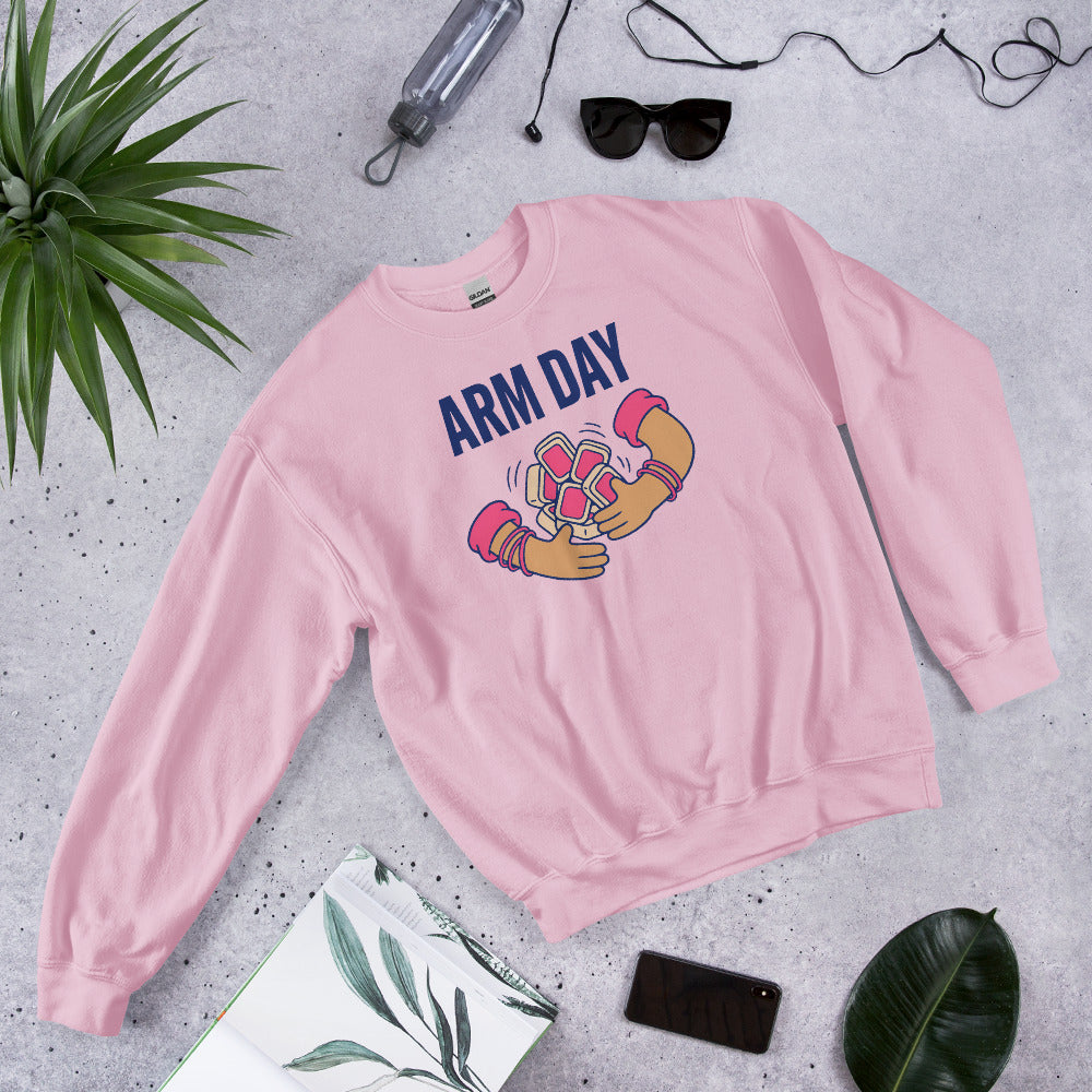 Arm Day funny mahjong crewneck sweatshirt — Light Pink, flat lay