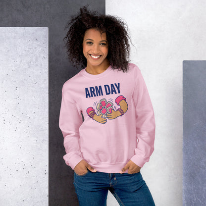 Arm Day funny mahjong crewneck sweatshirt — Light Pink, on model